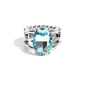 Paparazzi Silver-Tone Ring with Aqua Oval Gem Prismatically Pronged Blue Fashion
